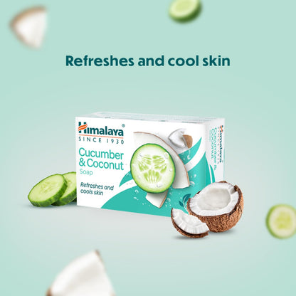 Himalaya Cucumber & Coconut soap packaging with cucumber and coconut slices on a light green background