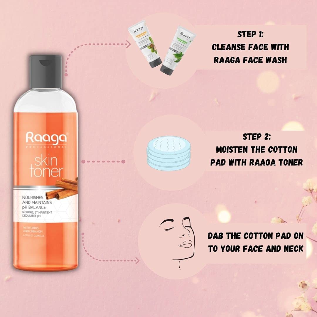 Raaga skin toner bottle with step-by-step instructions on a pink background