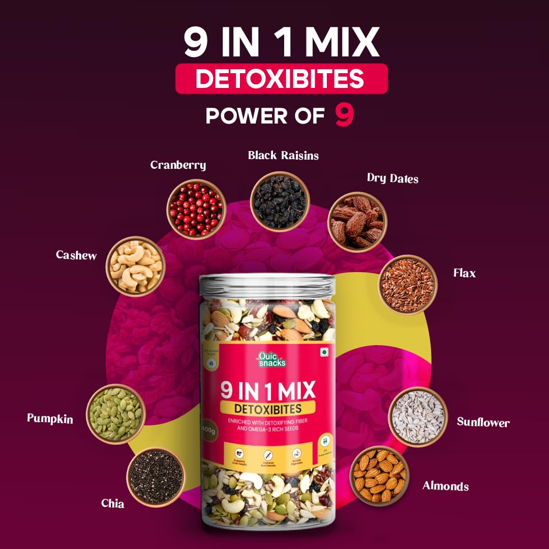 QuicSnacks 9 in 1 Mix Detoxibites Seeds | Nuts and Seed Mixes | Mixed Dry Fruits for Eating | Crunchy and Flavorful Snack | Trail Mix | Rich in Omega-3 | Improve Heart Health and Circulation (9 in 1 Mix Detoxibites)