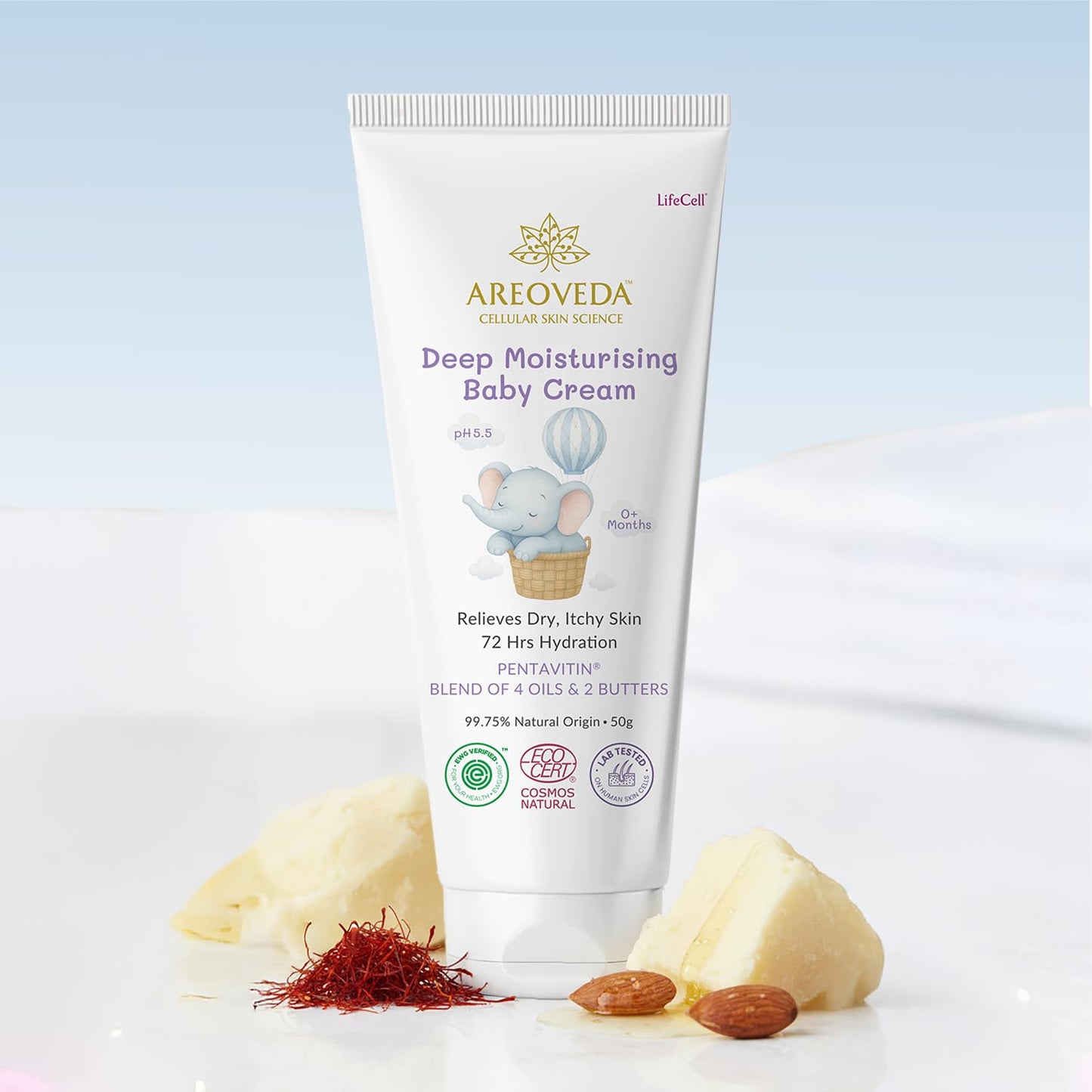AreoVeda Deep Moisturising Baby Cream (50gm) | 72Hrs Hydration | Suitable for Baby's Dry Skin | With Shea Butter & Saffron Extract | Non-Sticky | For 0-5 Years | Ecocert Certified, EWG Verified