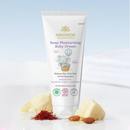 AreoVeda Deep Moisturising Baby Cream (50gm) | 72Hrs Hydration | Suitable for Baby's Dry Skin | With Shea Butter & Saffron Extract | Non-Sticky | For 0-5 Years | Ecocert Certified, EWG Verified