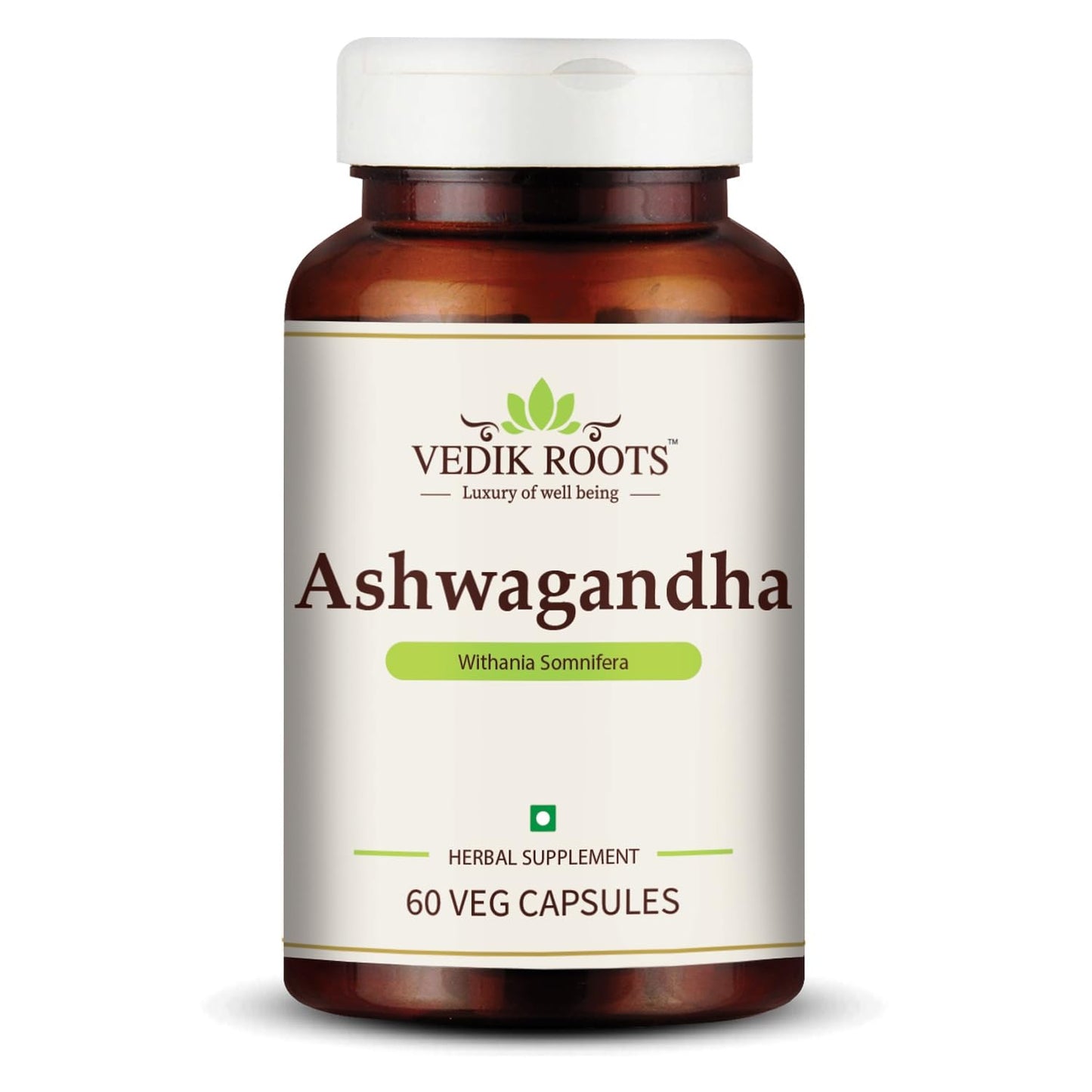 Vedik Roots Ashwagandha supplement bottle on a white background