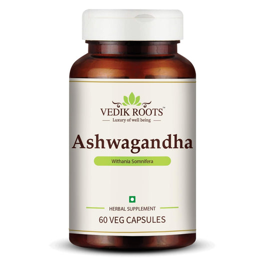 Vedik Roots Ashwagandha supplement bottle on a white background