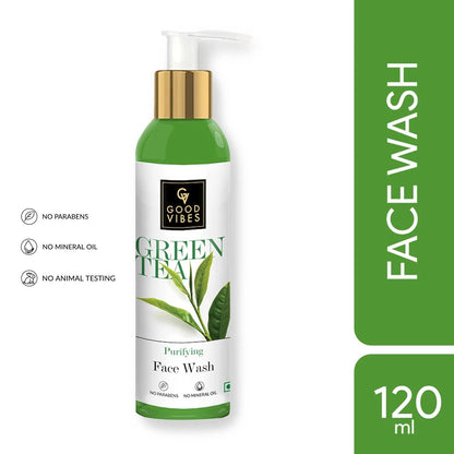 Good Vibes Green Tea Purifying Face Wash, 120 ml Helps Prevent Acne, Dirt Removal Deep Cleansing Natural Antioxidants Formula for All Skin Types, No Parabens & Mineral Oil