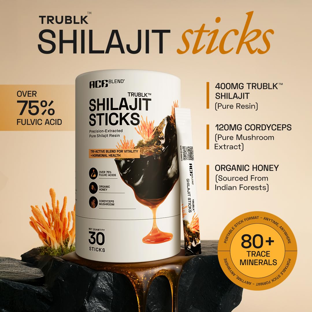 Ace Blend 400mg TRUBLK Shilajit Sticks (30 Servings) | 120mg Cordyceps Mushroom & Organic Honey | Over 75% Fulvic Acid & 80+ Trace Minerals | For Strength & Performance | High Absorption | Men & Women