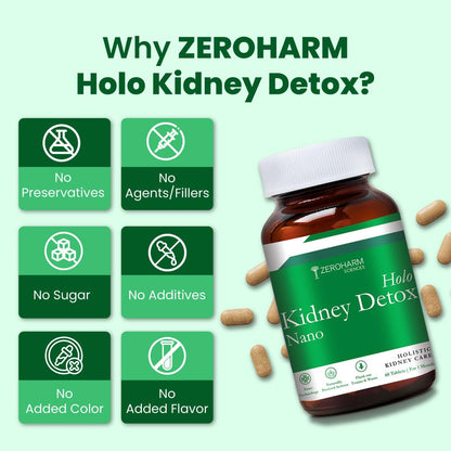 ZEROHARM Holo Kidney Detox | Herbal Creatinine & Kidney Support with Varuna, Punarnava,Pathachata | Kidney Detox & Cleanse for Men & Women | Nano Formulated Ayurvedic Health Supplement - 60 Tablets