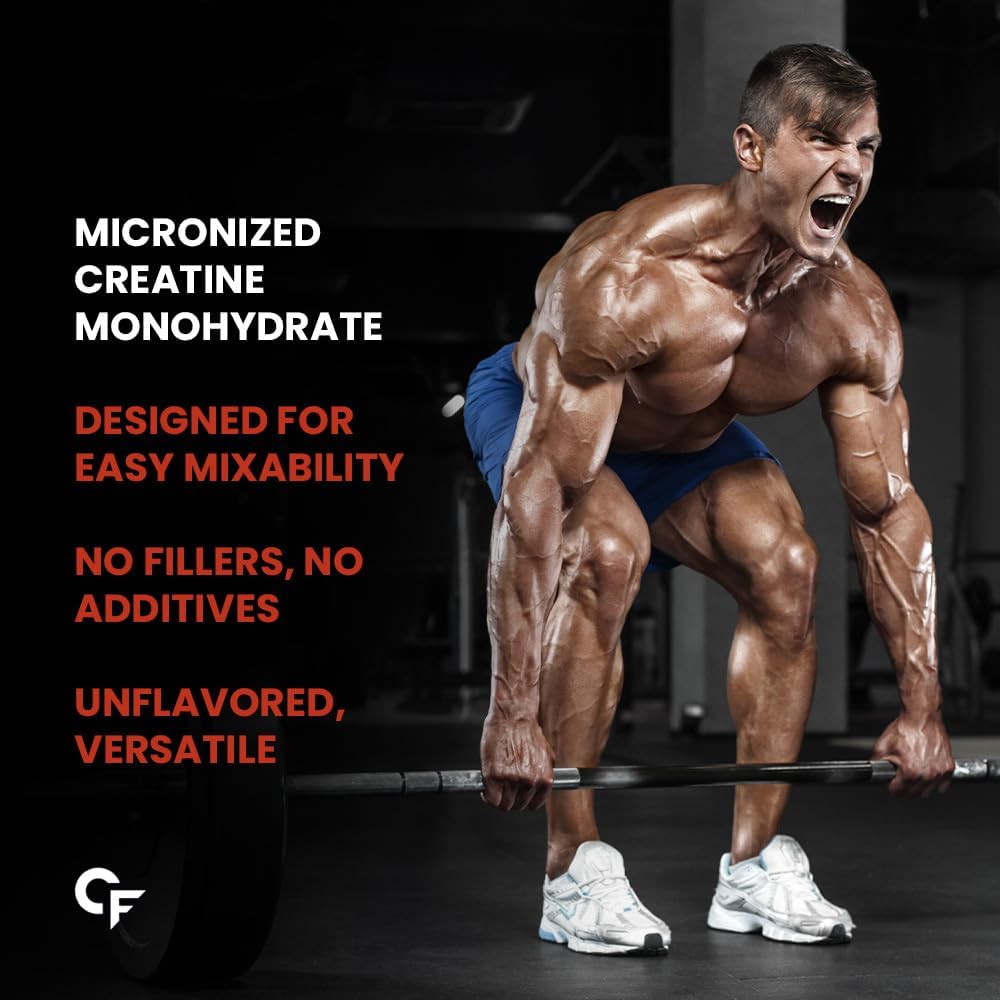 Muscular man lifting weights with promotional text about creatine supplement on a dark background