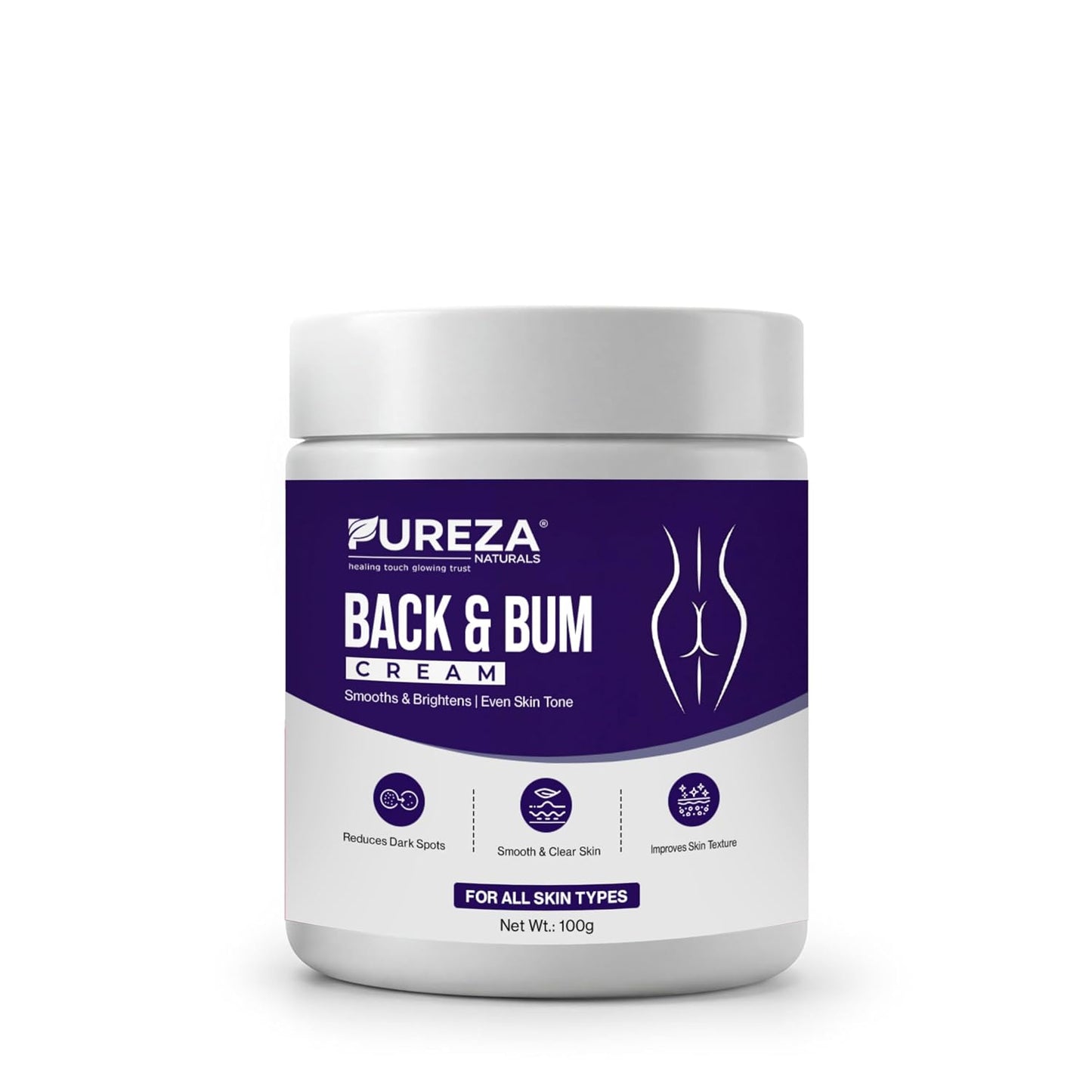 Pureza Naturals Back & Bum Cream 100g – Skin Brightening & Moisturizing Cream for Back, Butt & Thighs – Reduces Dark Spots, Acne Marks & Uneven Skin Tone