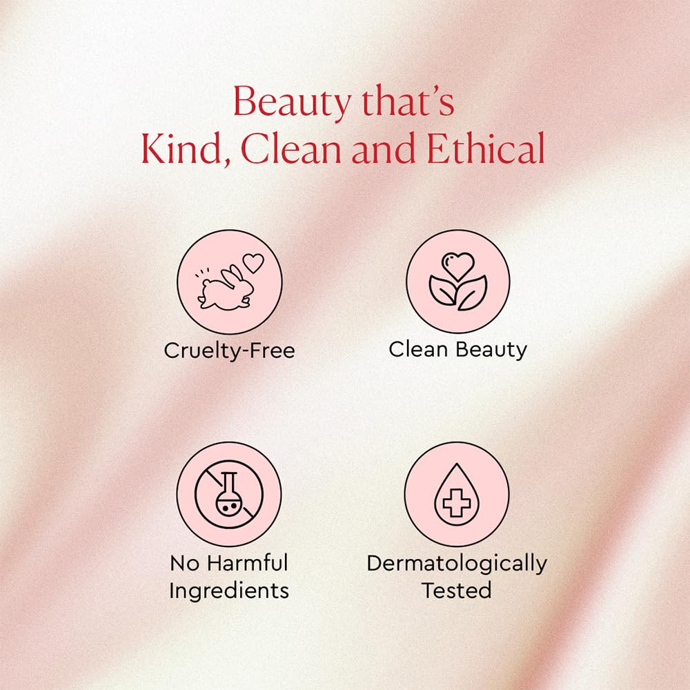 Certification icons for cruelty-free, clean beauty, no harmful ingredients, and dermatologically tested on a soft pink background.