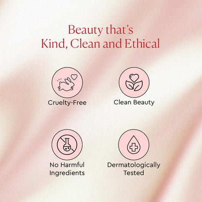 Certification icons for cruelty-free, clean beauty, no harmful ingredients, and dermatologically tested on a soft pink background.