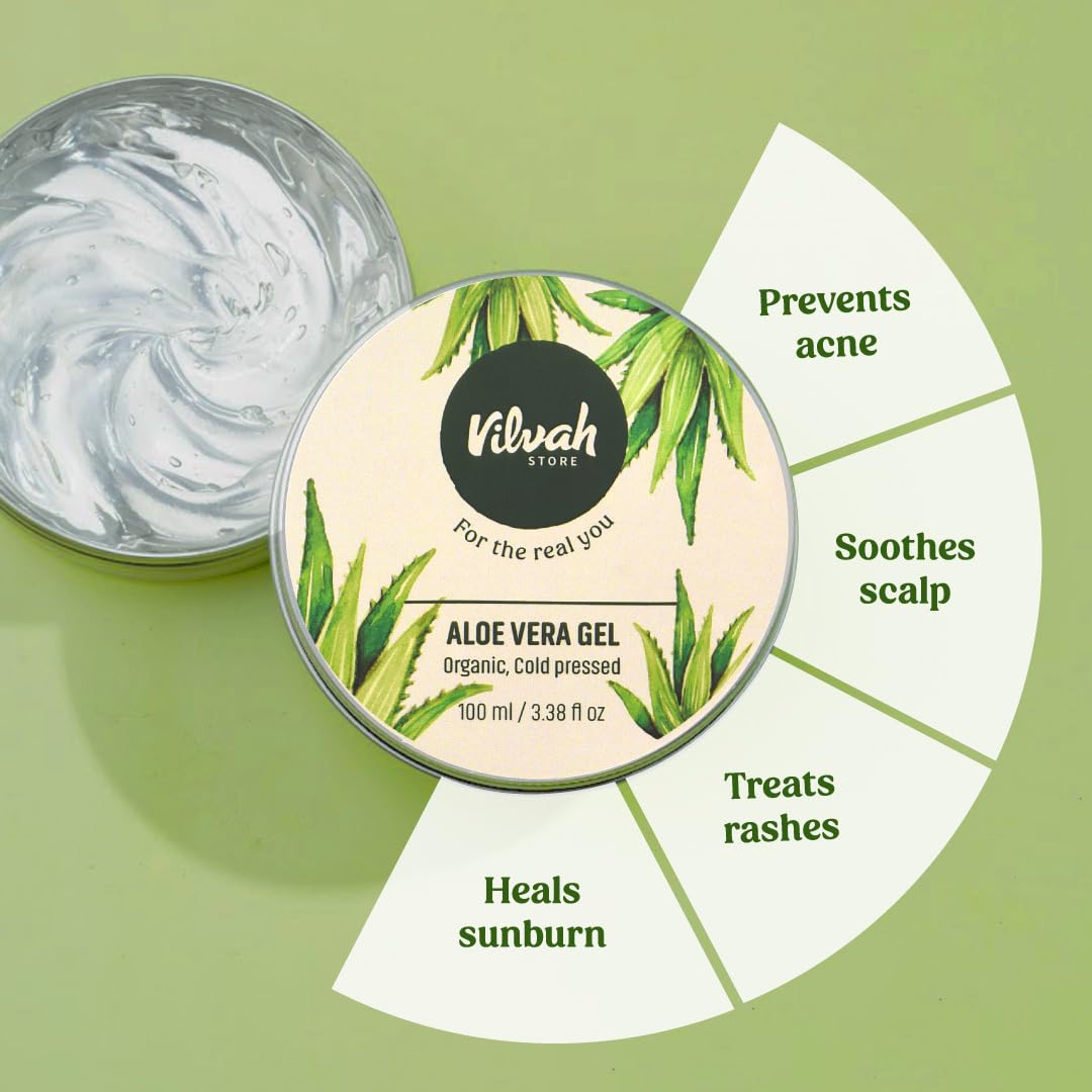 Vilvah Aloe Vera Gel for Face, Skin & Hair | Soothing & Hydrating Gel | Helps Reduce Acne, Calm Irritation & Add Shine to Hair | Lightweight, Hydrating & Non-Sticky Formula | 100ml