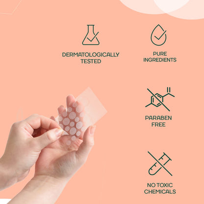 Hand holding a sheet of clear patches with dermatological and purity icons on a peach background