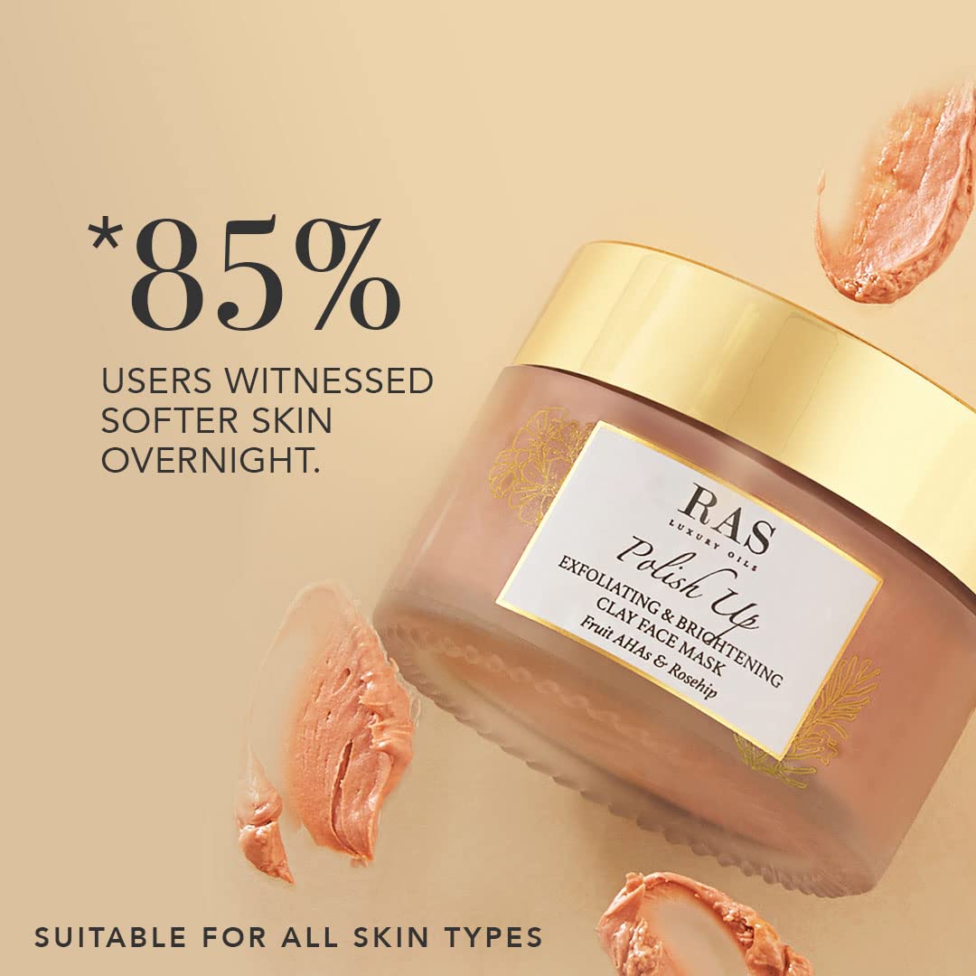 RAS Luxury Oils Polish Up Exfoliating & Brightening Clay Face Mask With Fruit AHAs & Rosehip | Softens & Hydrates Skin | Helps to Reduce Fne Lines & Wrinkles | Cruelty Free & 100% Vegan, 50g