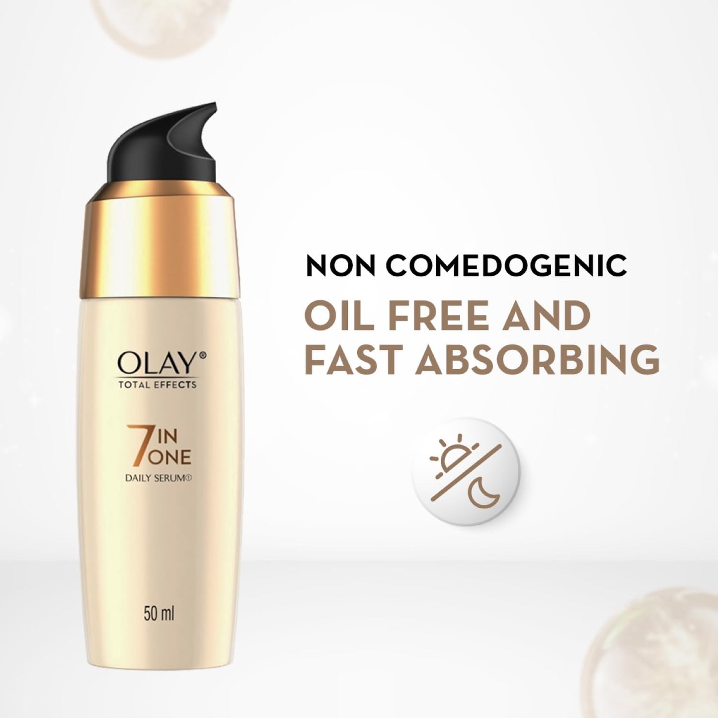 Olay Total Effects skincare product with text highlighting features on a white background