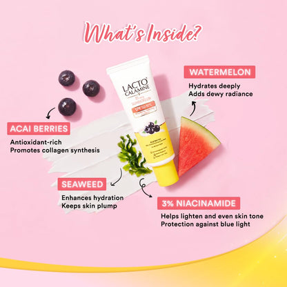 Lacto Calamine Dewy Glow Lightweight Sunscreen SPF 50 PFA +++ UVA & UVB Protection-Oily Skin | Acai Berries, Niacinamide & Watermelon | Dermatologically Tested | 50g