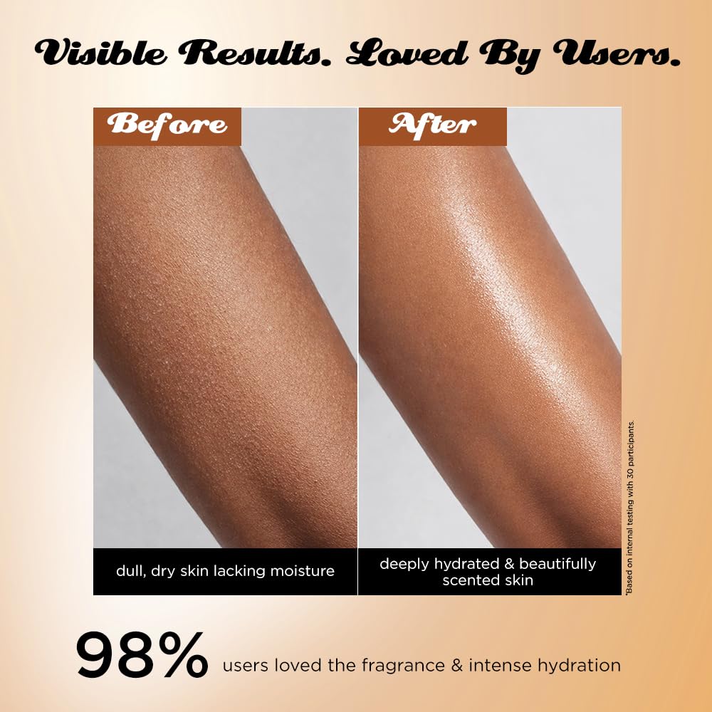 Before and after comparison of skin hydration with text about product benefits.