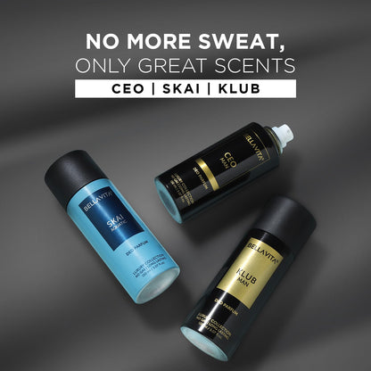 Three bottles of Belvita cologne with promotional text on a dark background