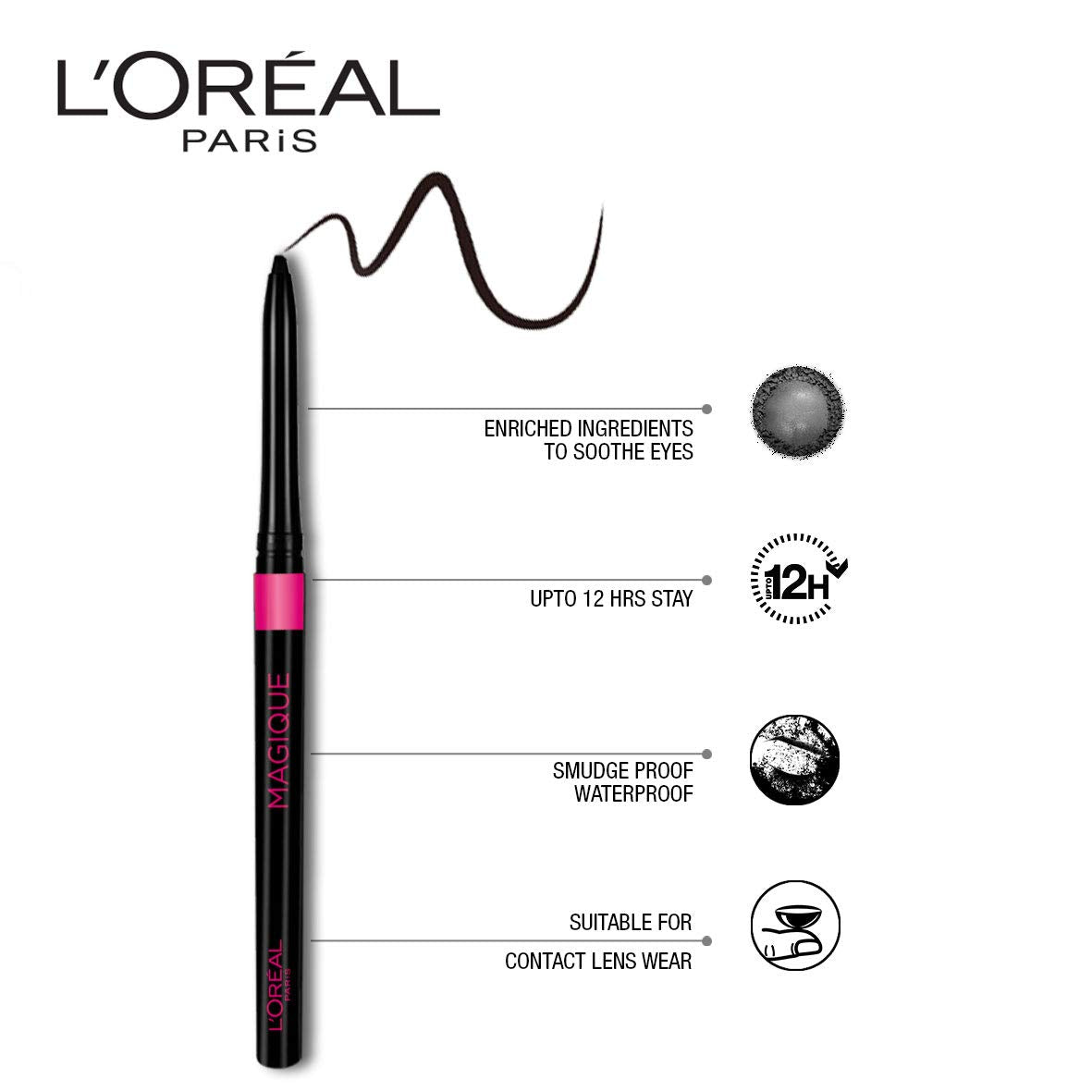 L'Oréal Paris Kajal, Waterproof Eyeliner, 14 Hours of Smudge-Proof Wear, With Vitamin E, Cocoa Butter, Olive Oil Esters and Vitamin C, Magique, Colour: Supreme Black. 0.35g