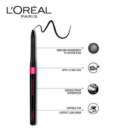 L'Oréal Paris Kajal, Waterproof Eyeliner, 14 Hours of Smudge-Proof Wear, With Vitamin E, Cocoa Butter, Olive Oil Esters and Vitamin C, Magique, Colour: Supreme Black. 0.35g