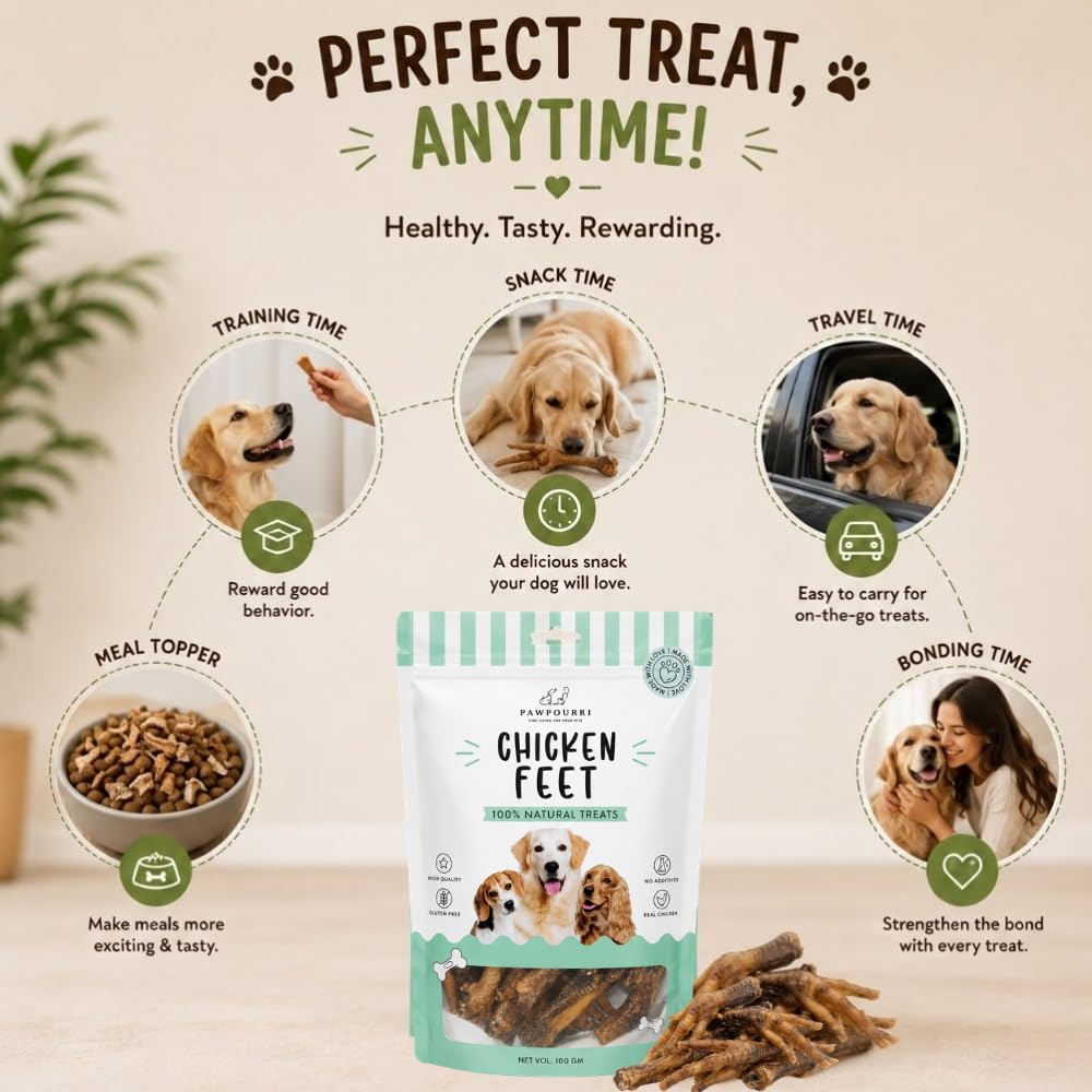 PAWPOURRI Natural Chicken Feet Dog Treats, 100gm | Protein Rich Chewy Snacks for Dogs | Suitable for All Breeds & Life Stages | Daily Training & Reward Treats (Pack of 1)