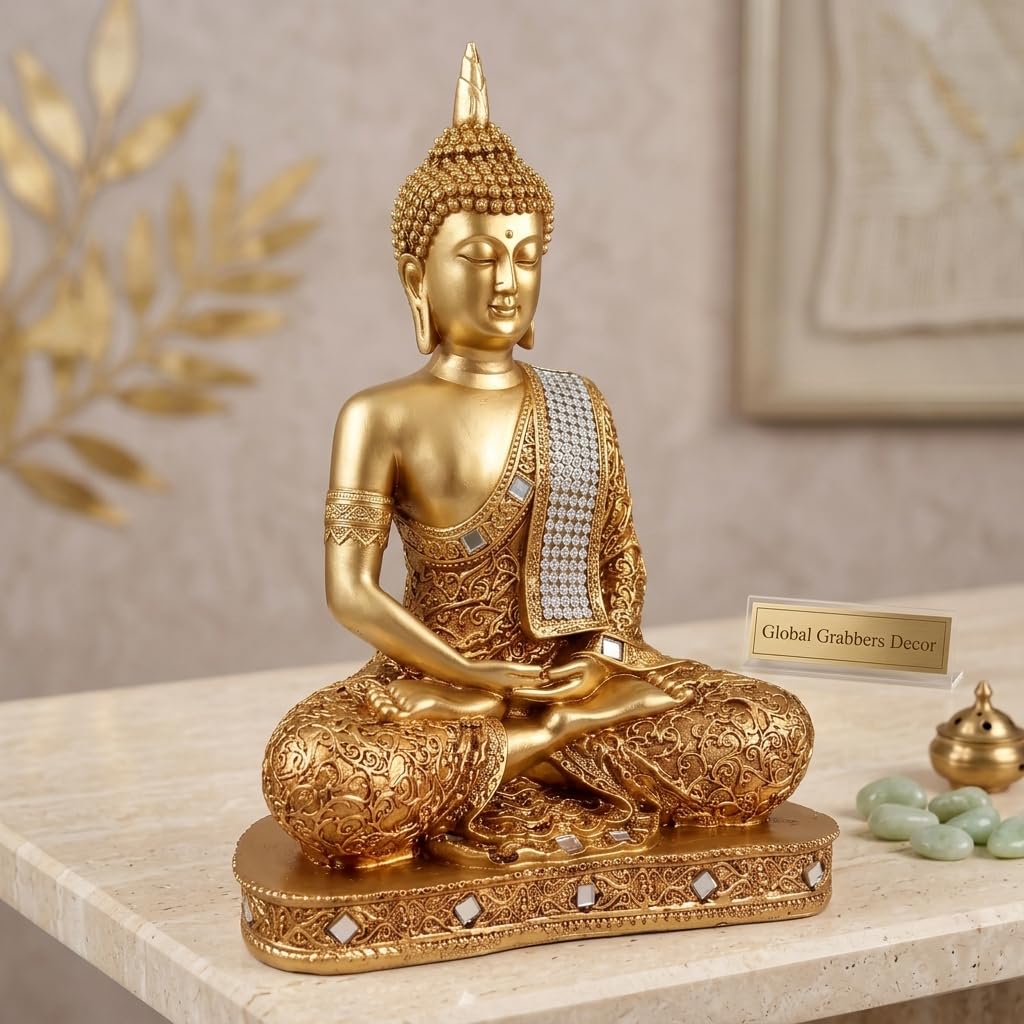 Global Grabbers New 25 Centimetre Meditating Sitting Buddha Statue showpiece Idol Home Decor Items for Living Room and Gifts (Golden2)