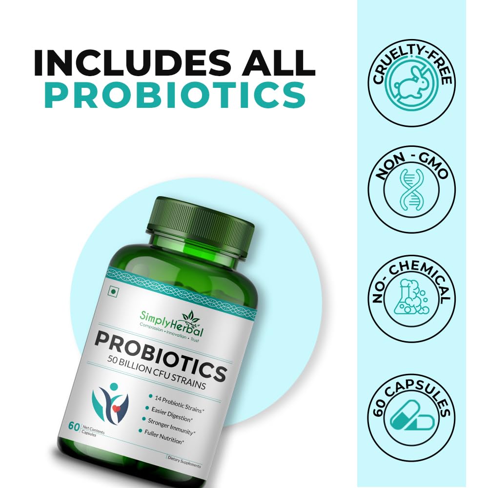 Probiotic supplement bottle with branding and certification icons on a light blue background