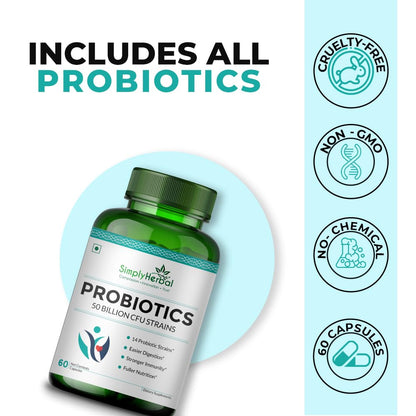 Probiotic supplement bottle with branding and certification icons on a light blue background