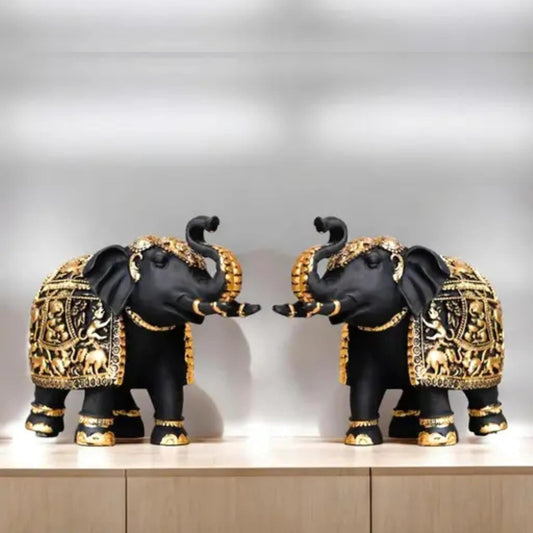 THE SACRED GIFTS Elephant Statue Medium Size 2 pcs Set for Showpiece Your Home,Office Table & Gift Article,Animal Decorative Showpiece Figurines | Home Decor for Vastu (MRH_Black_Elephant_2S)