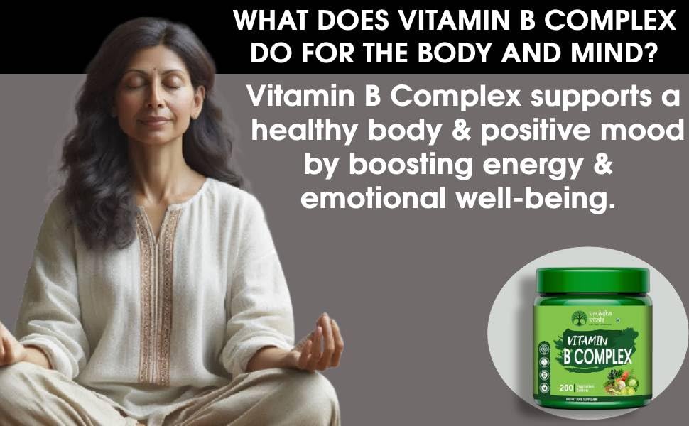 Woman meditating with text about Vitamin B Complex benefits and a bottle of Vitamin B Complex on a gray background.