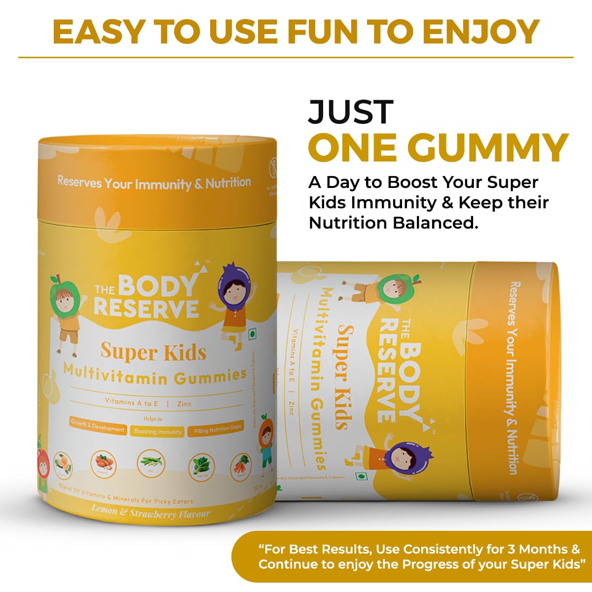 Two containers of 'The Body Reserve Super Kids Multivitamin Gummies' with text about immunity and nutrition on a white background.