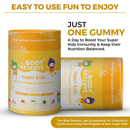 Two containers of 'The Body Reserve Super Kids Multivitamin Gummies' with text about immunity and nutrition on a white background.