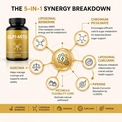 GLP1-MITO | 5-in-1 Weight Management Supplement | Liposomal Berberine, Chromium Picolinate, Garcinia Cambogia & Liposomal Curcumin with Piperine | 30 Veg Caps GLP-1 Supplement