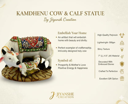 JIYANSH Creation Kamdhenu Cow and Calf Statue for Home Decor - Handcrafted Polyresin Marble Finish Vastu Showpiece for Living Room Pooja Mandir - Large 6 Inch (White Gold)