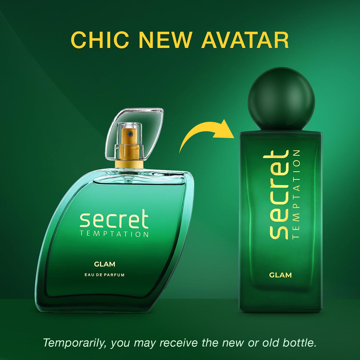 Two 'secret TEMPTATION' perfume bottles on a green background with text about a 'Chic New Avatar'.