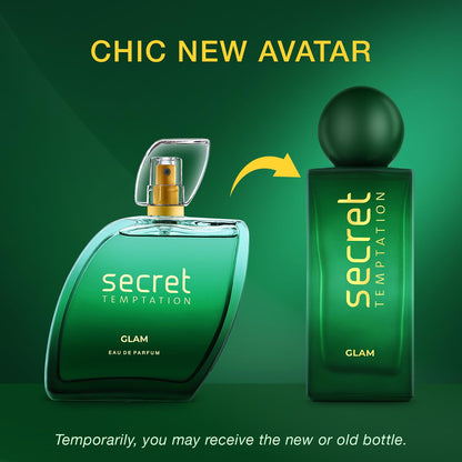 Two 'secret TEMPTATION' perfume bottles on a green background with text about a 'Chic New Avatar'.