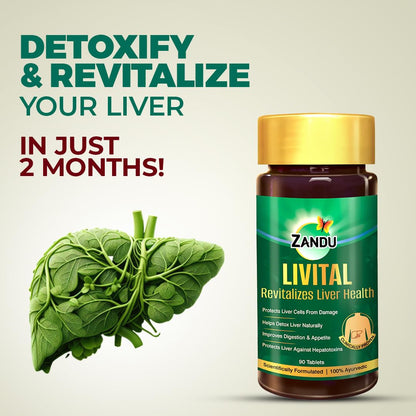 Zandu LIVITAL supplement bottle with a liver illustration and text promoting liver detoxification on a beige background.