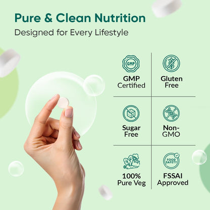 Hand holding a white capsule with certification icons on a green background, promoting 'Pure & Clean Nutrition'.