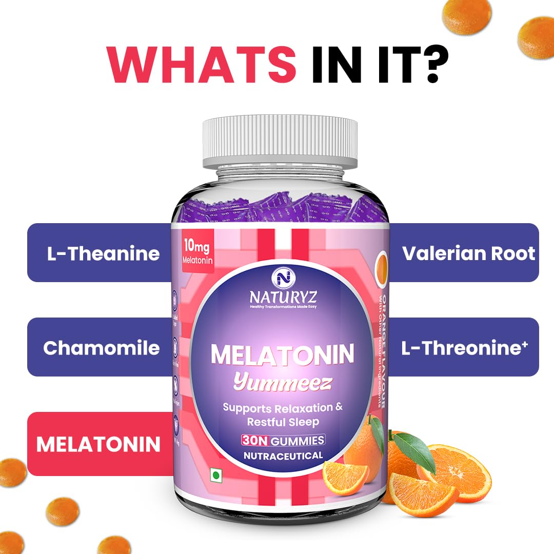 Melatonin gummies packaging with ingredients listed and orange slices on a white background