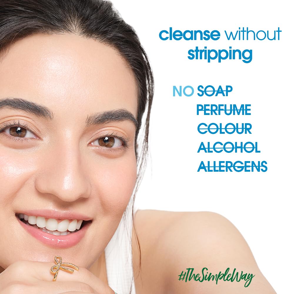Woman with clean skin and text about a skincare product on a white background