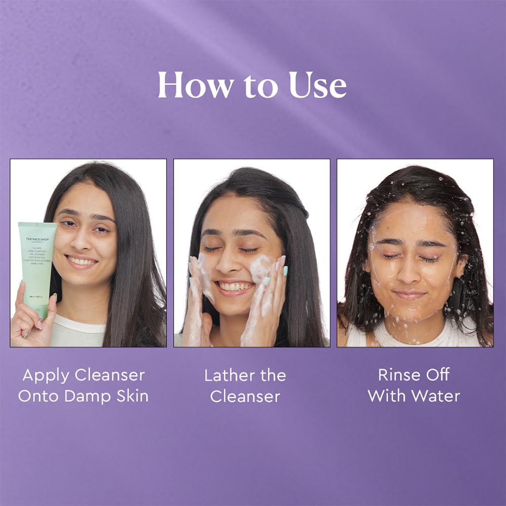 Step-by-step guide on how to use a facial cleanser with images and text.