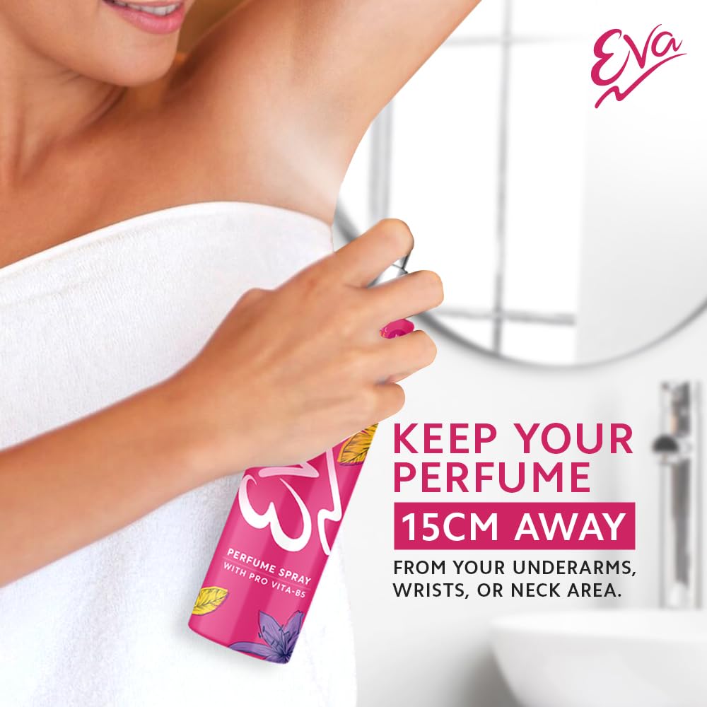 Woman holding a perfume spray can with text about keeping perfume 15cm away from sensitive areas, branded 'Eva'.