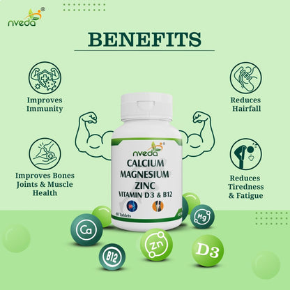 Nveda Calcium Supplement 1,000 mg with Vitamin D3, Magnesium, Zinc & Vitamin B 12 For Men & Women/For Immunity, Bone & Joint Support - 60 Tablets