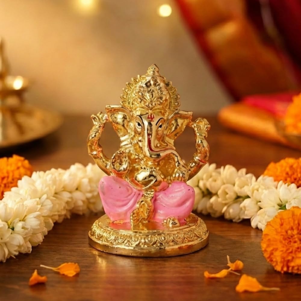 Gold Plated Ganesh Idol | Ganpati Murti for Car Dashboard, Office Desk, Hindu God Gift & Home Decor - Resin (Gold & Pink)