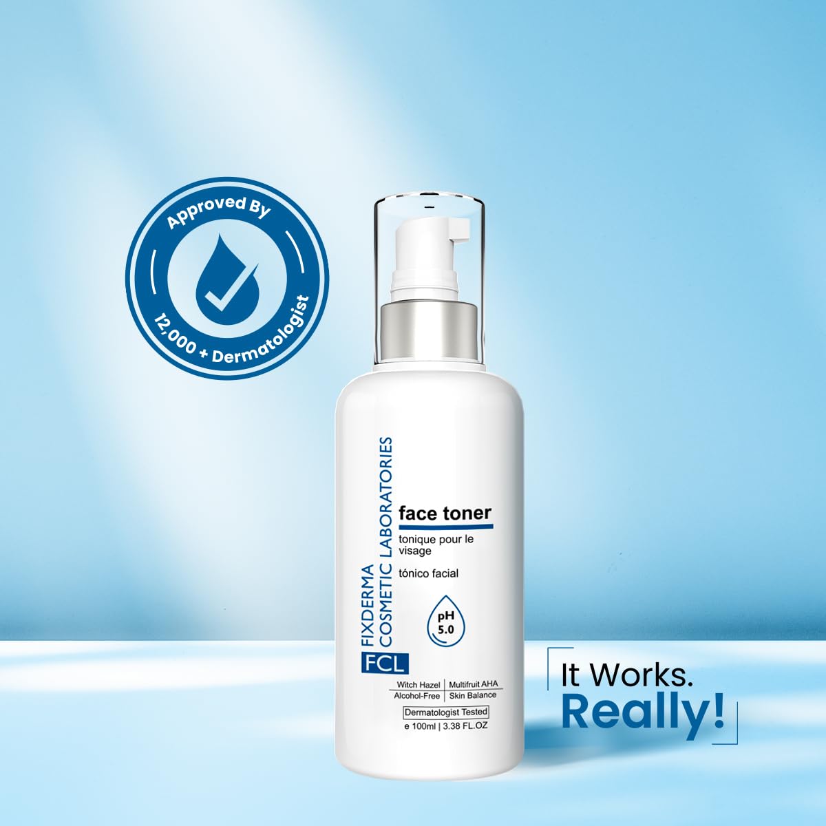 FCL Face Toner, minimizes enlarged pores, exfoliates impurities, refreshes the skin, reduces inflammation, controls oil production, imparts glowing skin, suitable for all skin types, 100ml