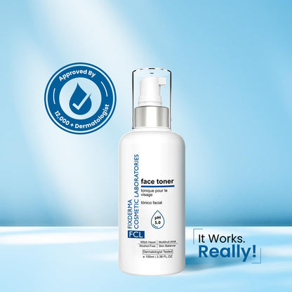 FCL Face Toner, minimizes enlarged pores, exfoliates impurities, refreshes the skin, reduces inflammation, controls oil production, imparts glowing skin, suitable for all skin types, 100ml
