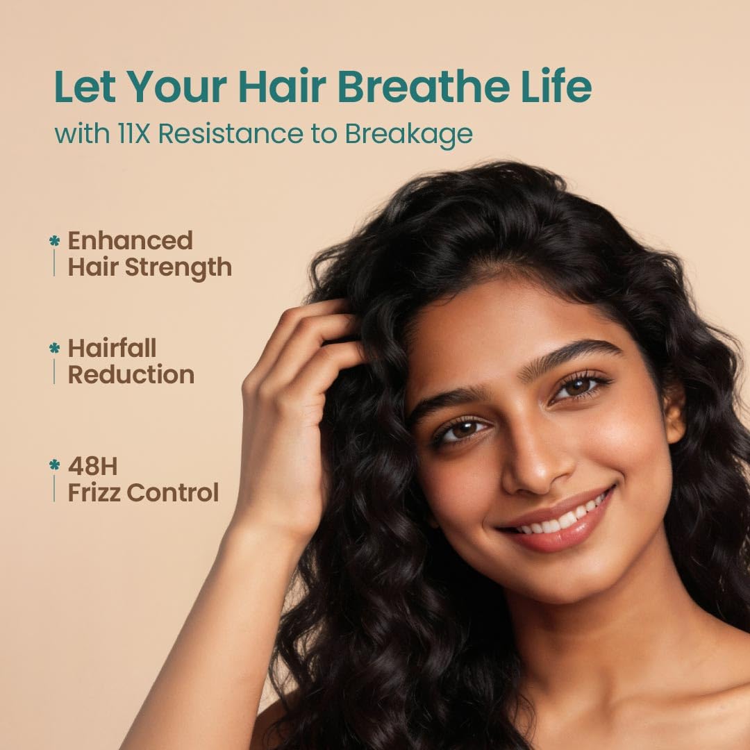 Woman with styled hair against a beige background with text about hair care product benefits.