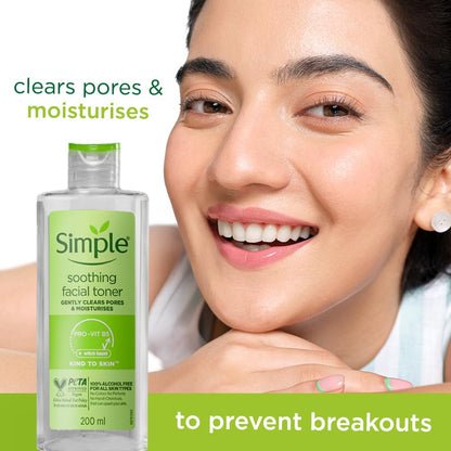 Woman with a clear complexion next to a bottle of Simple toner, with text about product benefits.