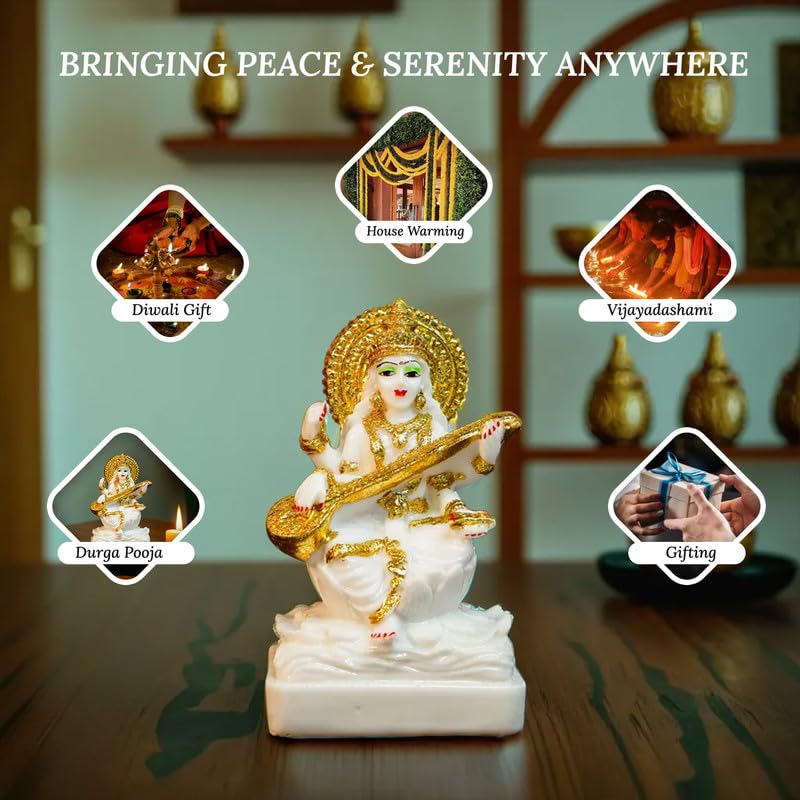 Aura Series Marble Dust Maa Saraswati Idol (5 inch) | Gold Plated Saraswati Maa Murti for Study Table, Pooja Room & Home Decor | Resin Saraswathi Devi Pital Idol | Saraswati Statue for Gifting