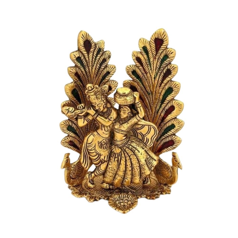 Collectible India Peacock Design Radha Krishna Idol Showpiece with Diya for Puja and Home Decor (7 x 5 Inches), Metal, Gold (1 Piece)