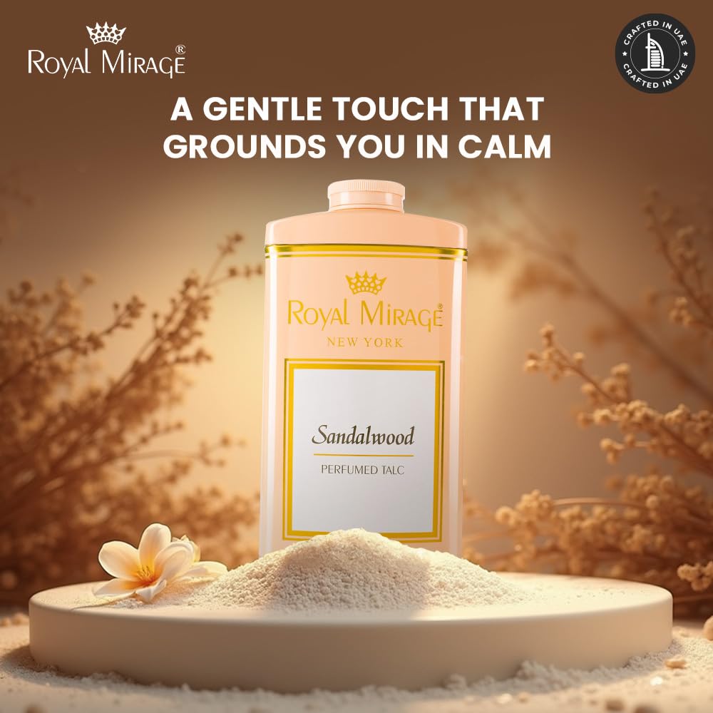 Royal Mirage Sandalwood Deodorizing Talc | Silky Soft & Fresh Skin | Jasmine, Sandalwood & Vanilla Notes | Perfumed Talc | Long-Lasting Comfort & Fragrance | Talcum Powder for Women | 250gm